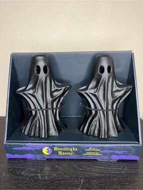 NEW Moonlight Manor Halloween Black Metal Ghost Taper Candle Holders